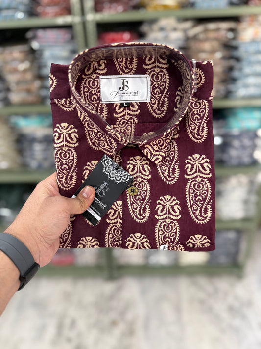 Maroon Beige Big Paisley Printed Plus Size Half Sleeves Cotton Shirt