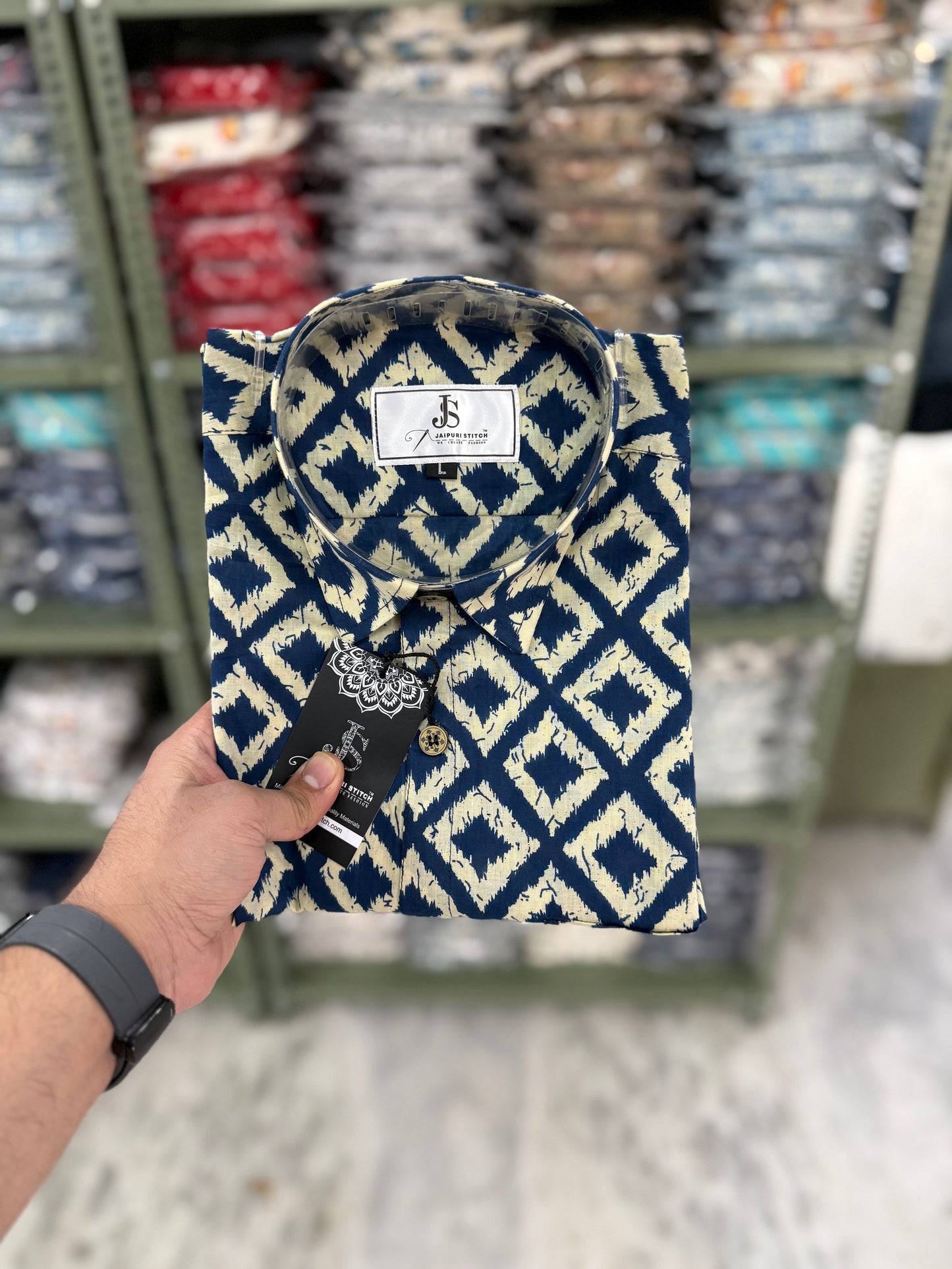 Navy Blue Beige Barfi Printed Plus Size Half Sleeves Cotton Shirt