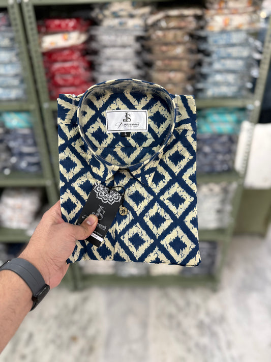 Navy Blue Beige Barfi Printed Plus Size Half Sleeves Cotton Shirt