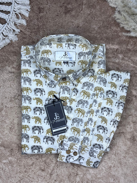 White And Mustard Elephant Printed full sleeves shirts for mens