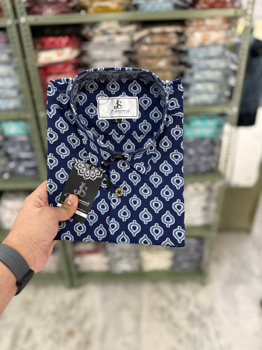 Navy Blue Leaf Booti Printed Plus Size Half Sleeves Cotton Shirt