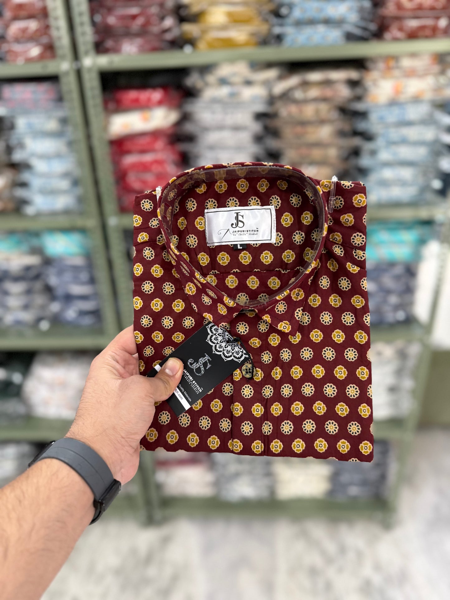 Maroon Mustard Booti Printed Plus Size Half Sleeves Cotton Shirt