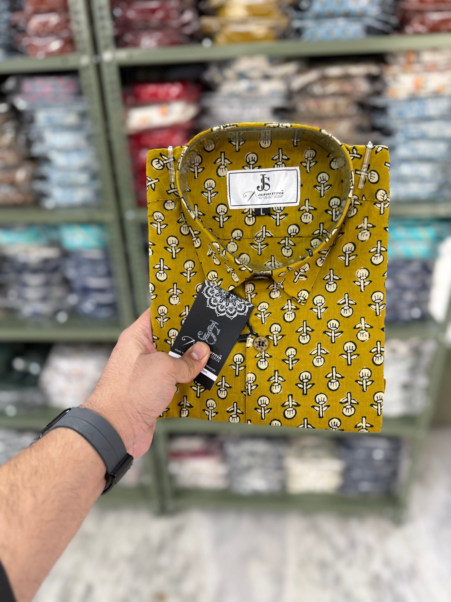Mustard Booti Printed Plus Size Half Sleeves Cotton Shirt