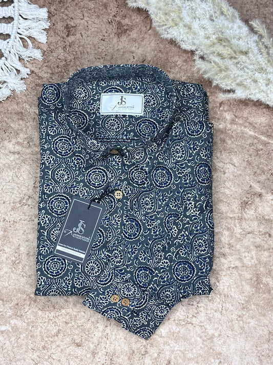 Dark Grey Ajrak Printed full sleeves shirts for mens