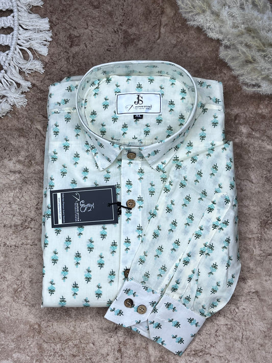 White And Green Booti/mofit Printed full sleeves shirts for mens