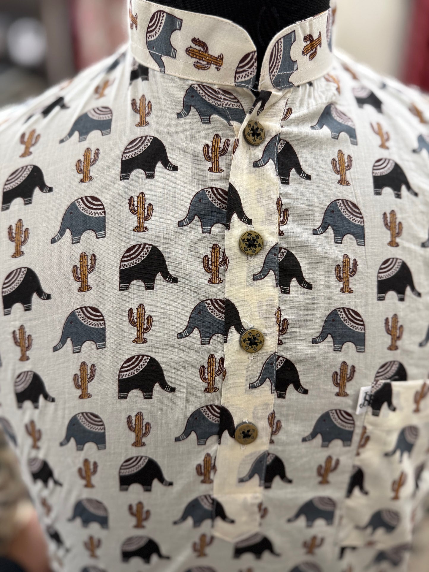 Ivory Blue Cactus & Elephant Printed Full Sleeves Short Kurta for Men