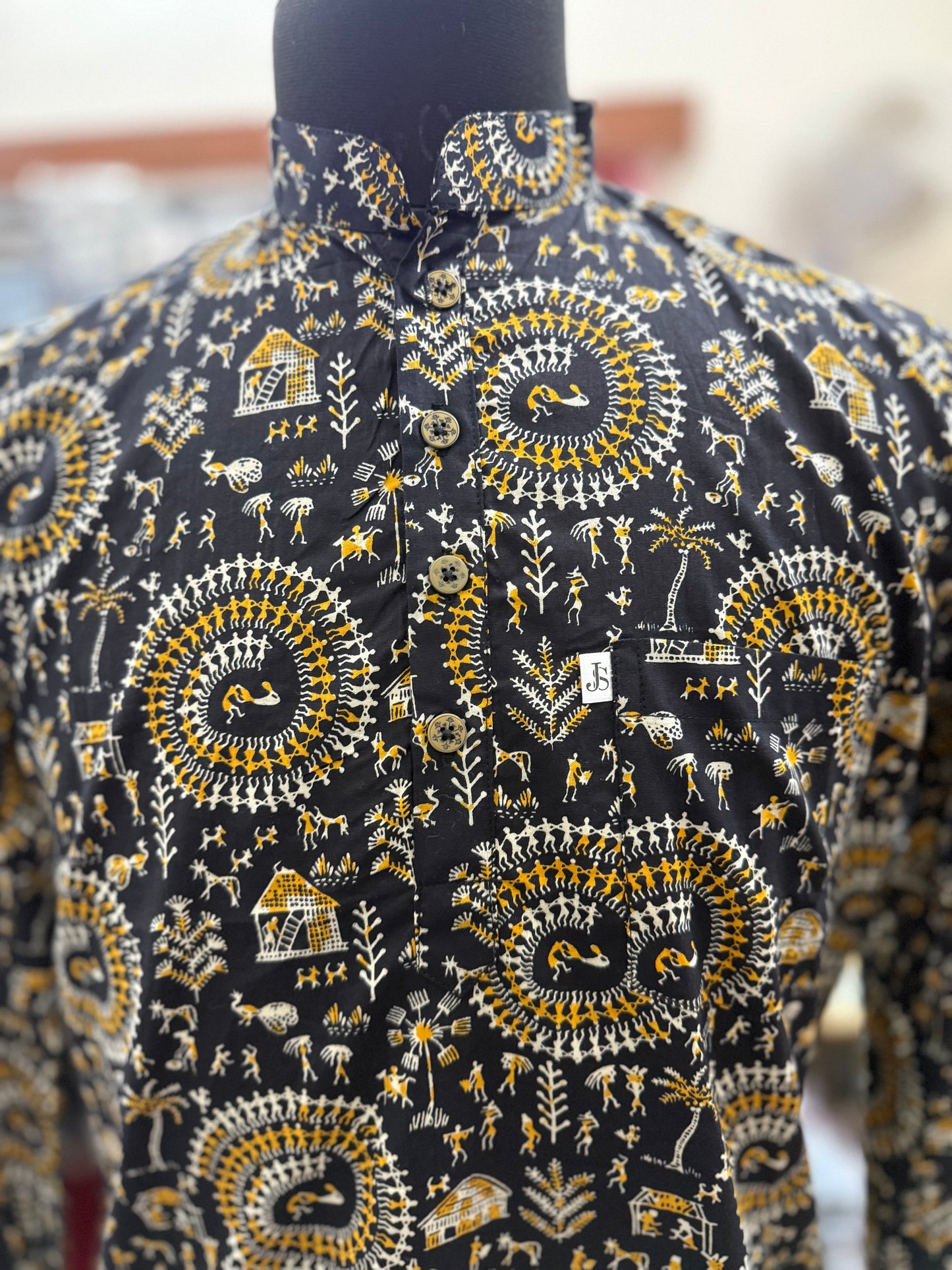 Black Tribal Mandala Printed Full Sleeves Short Kurta for Men