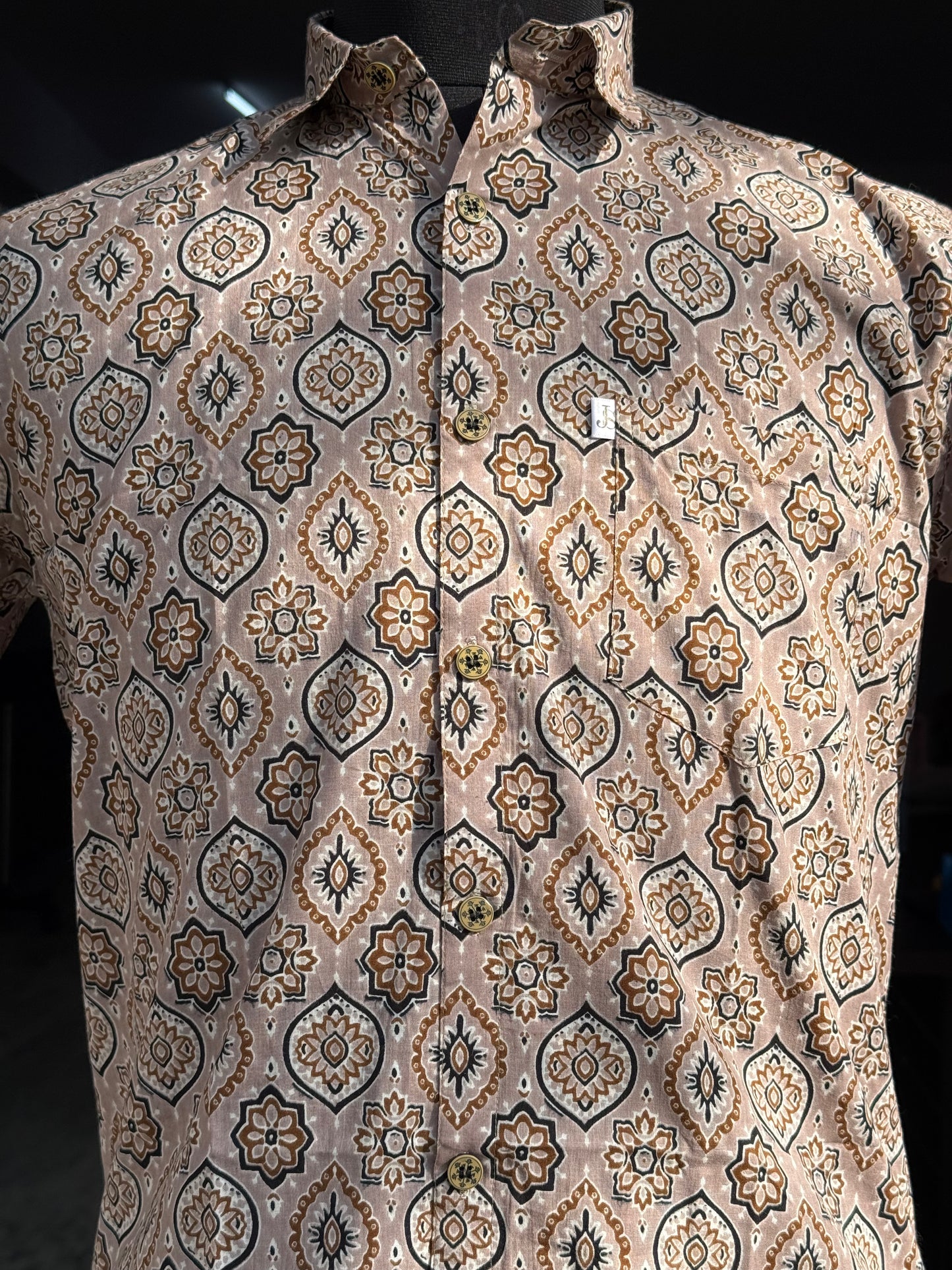 Beige Brown Ajrak Floral Printed Plus Size Half Sleeves Cotton Shirt