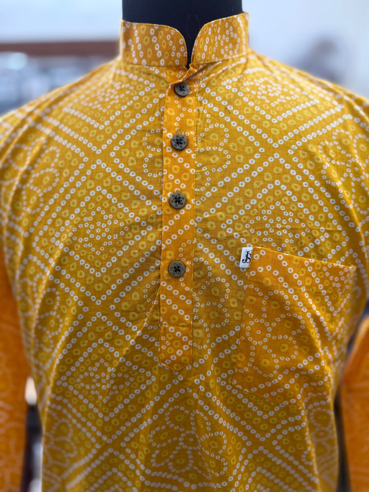 Yellow Bandhej Box Printed Full Sleeves Short Kurta for Men