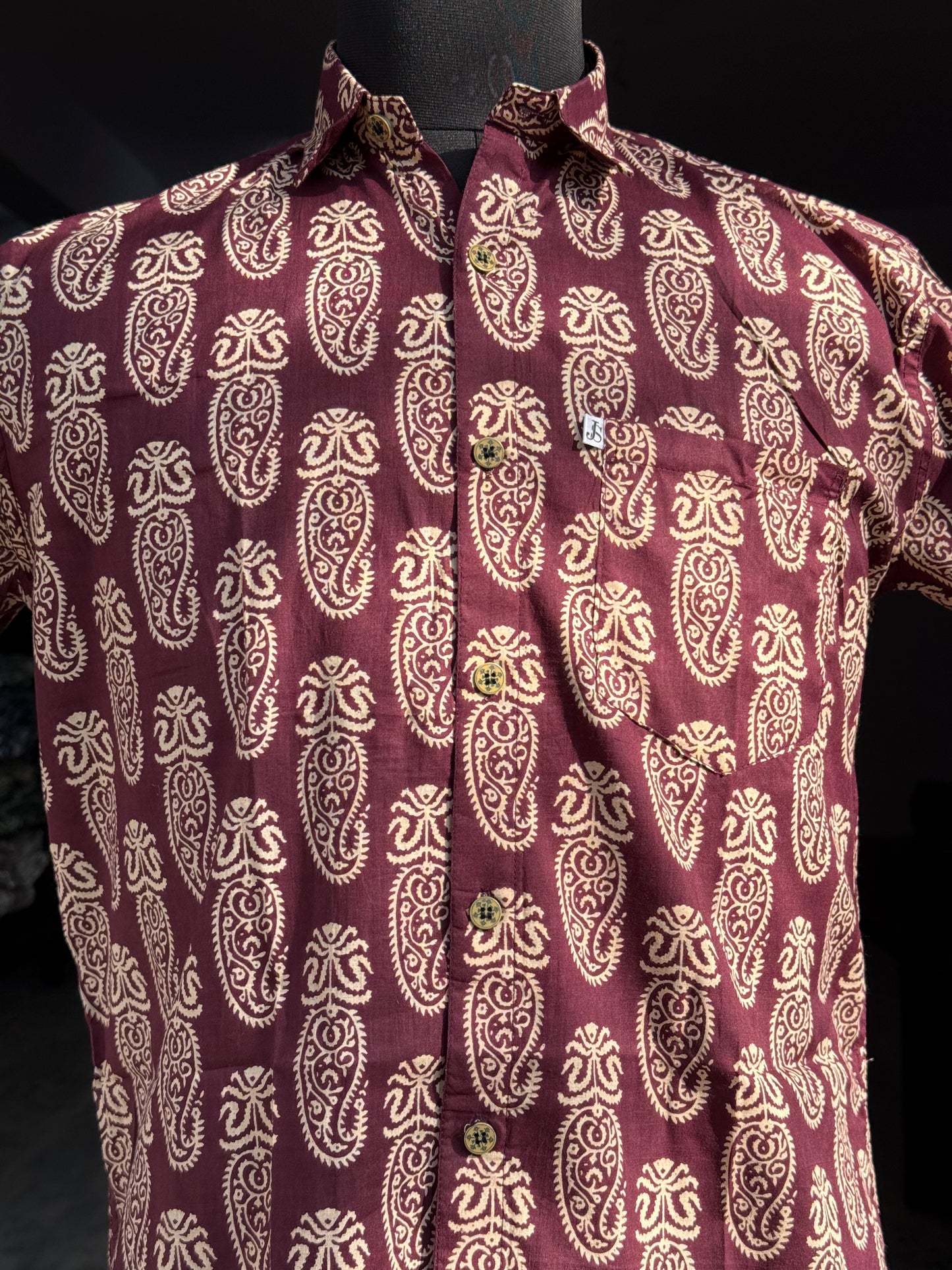 Maroon Beige Big Paisley Printed Plus Size Half Sleeves Cotton Shirt