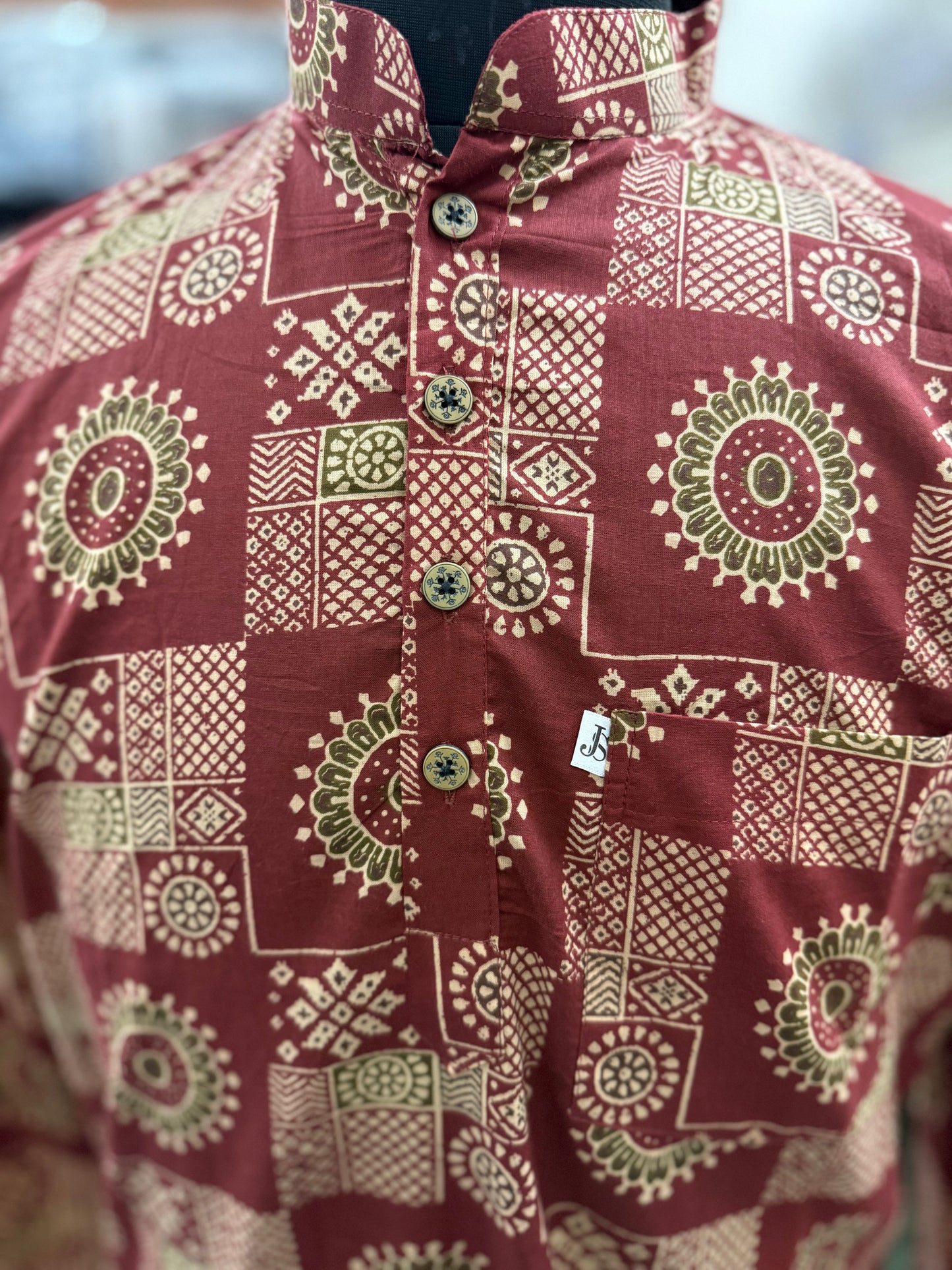 Maroon Mandala Box Printed Full Sleeves Short Kurta for Men