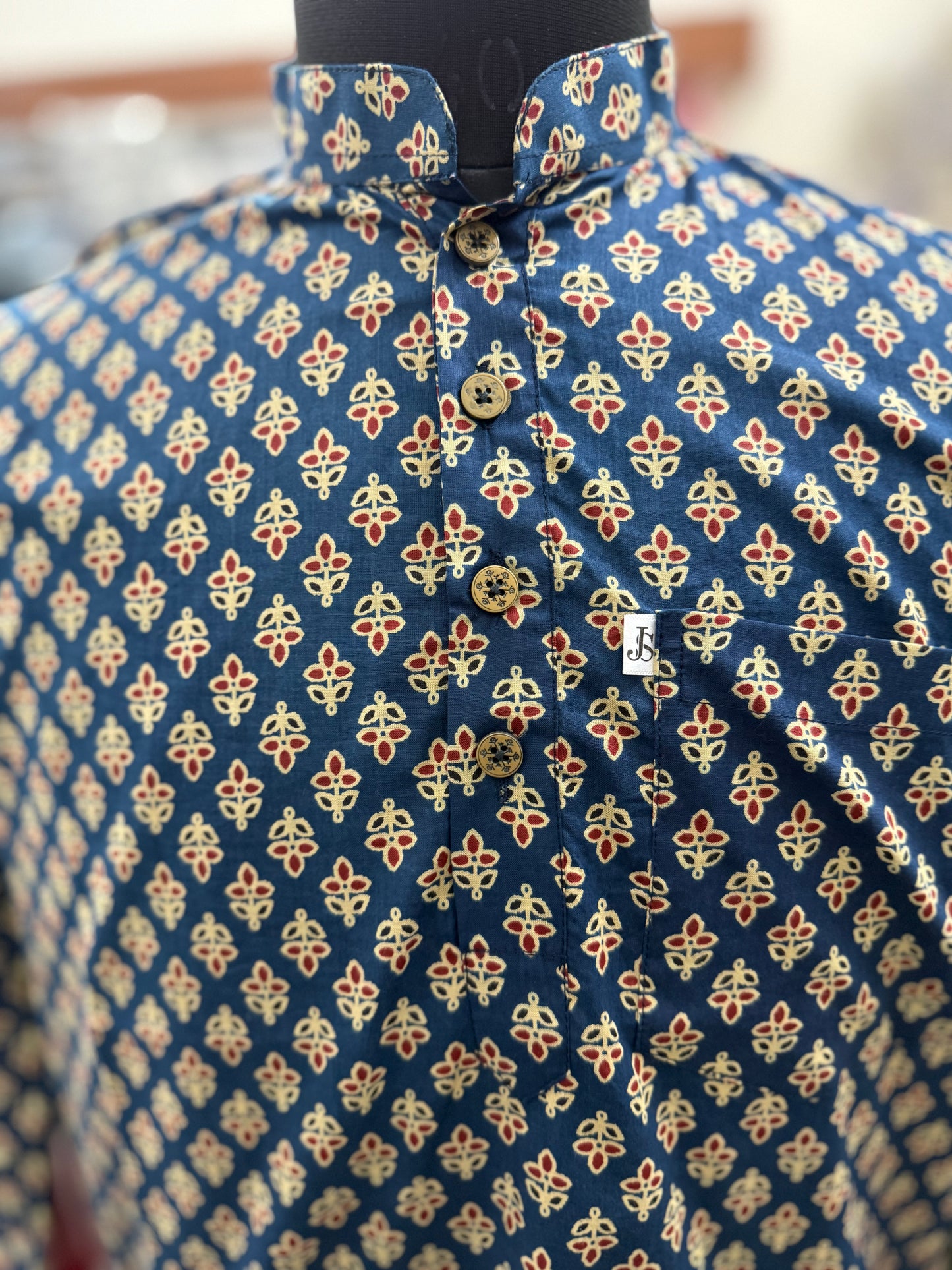 Blue Mughal Booti Printed Full Sleeves Short Kurta for Men