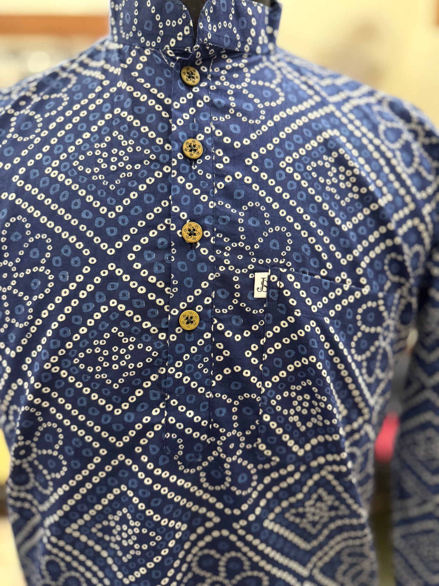 Navy Blue Bandhej Box Printed Full Sleeves Short Kurta for Men