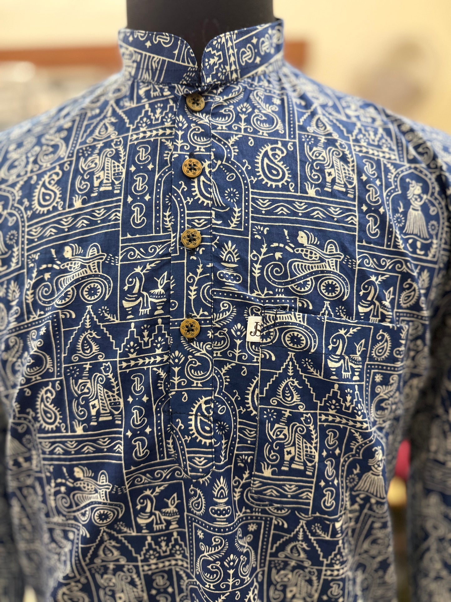 Blue Warli Art Printed Full Sleeves Short Kurta for Men