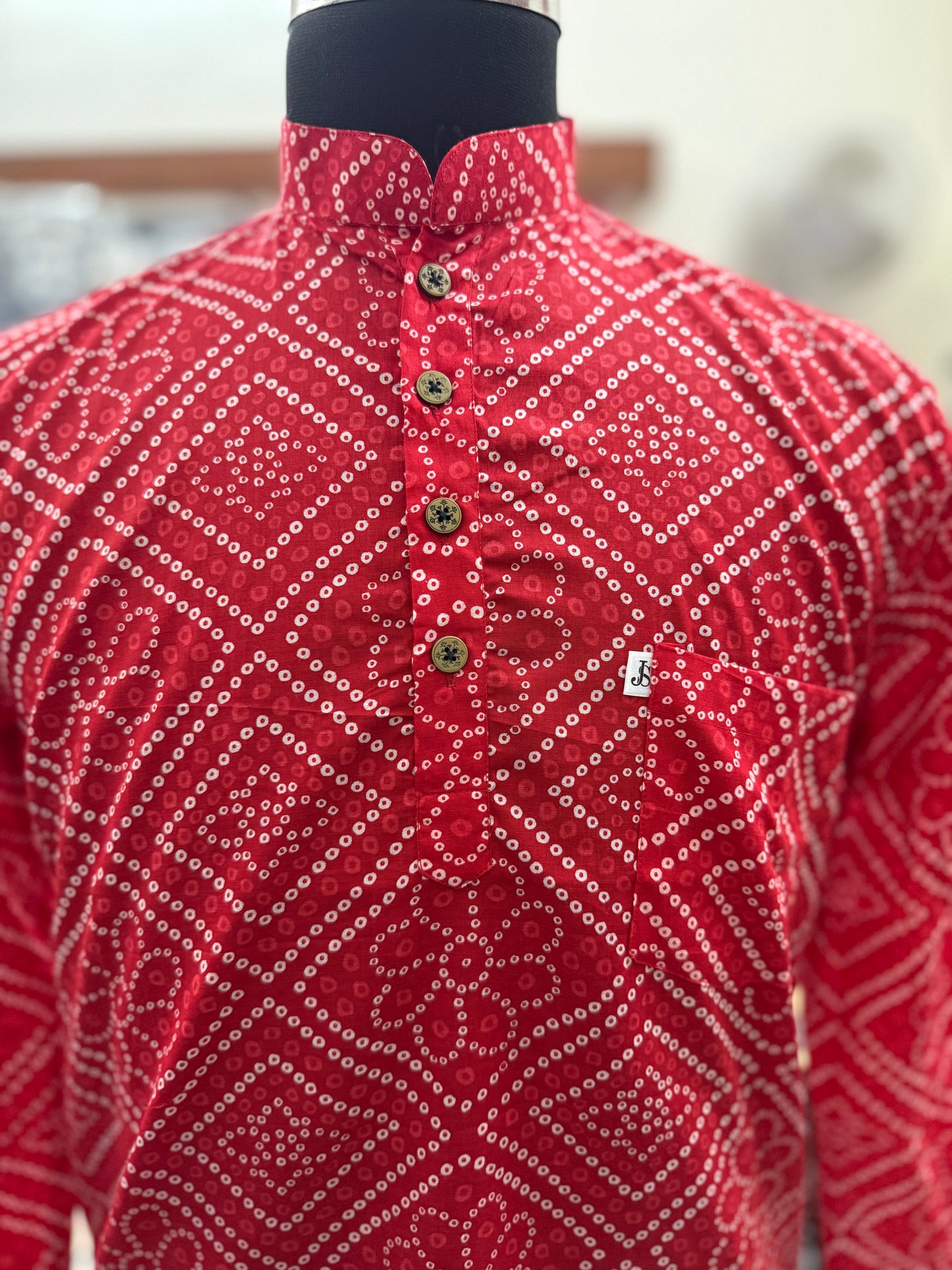 Red Bandhej Box Printed Full Sleeves Short Kurta for Men