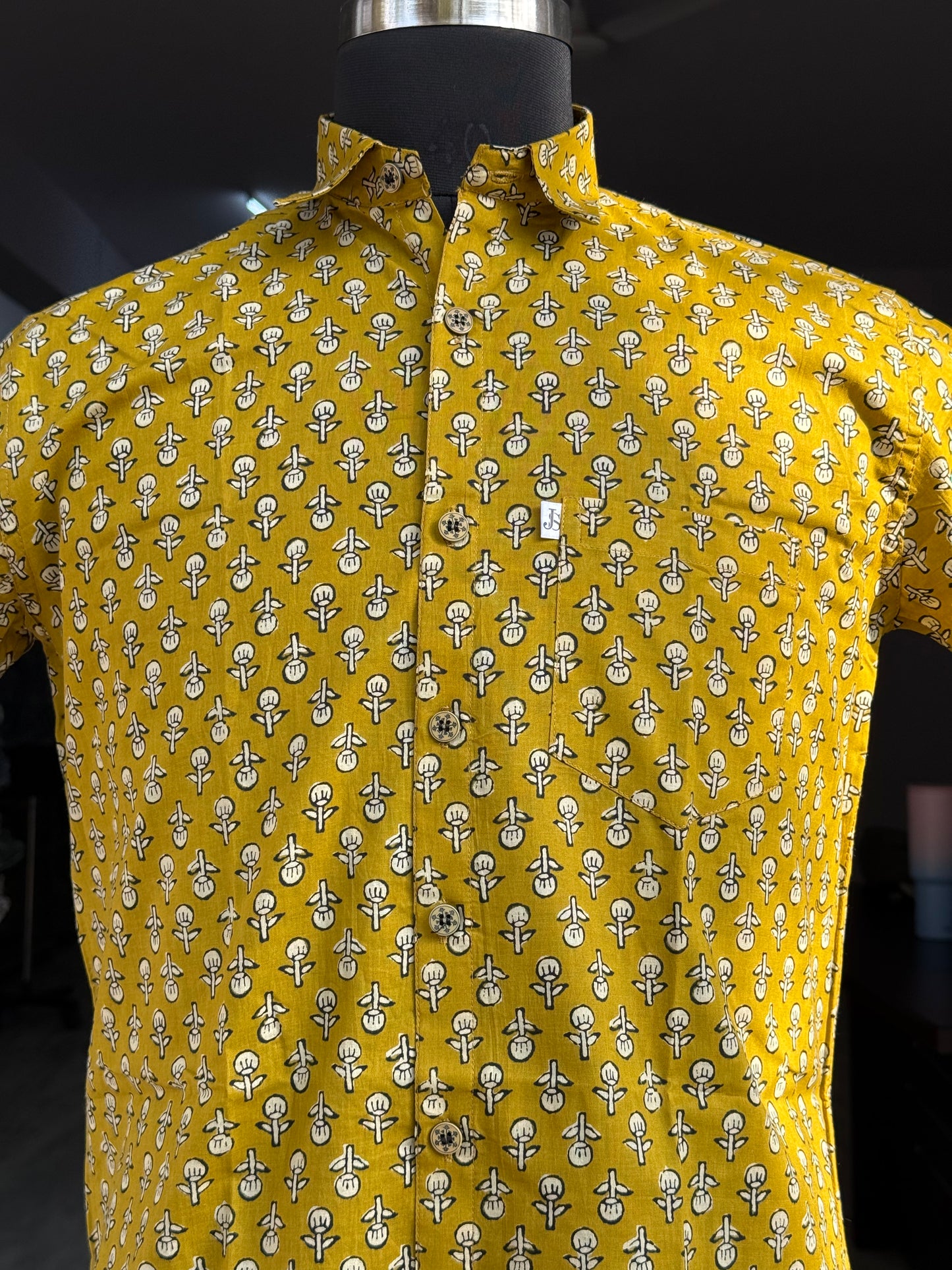 Mustard Booti Printed Plus Size Half Sleeves Cotton Shirt
