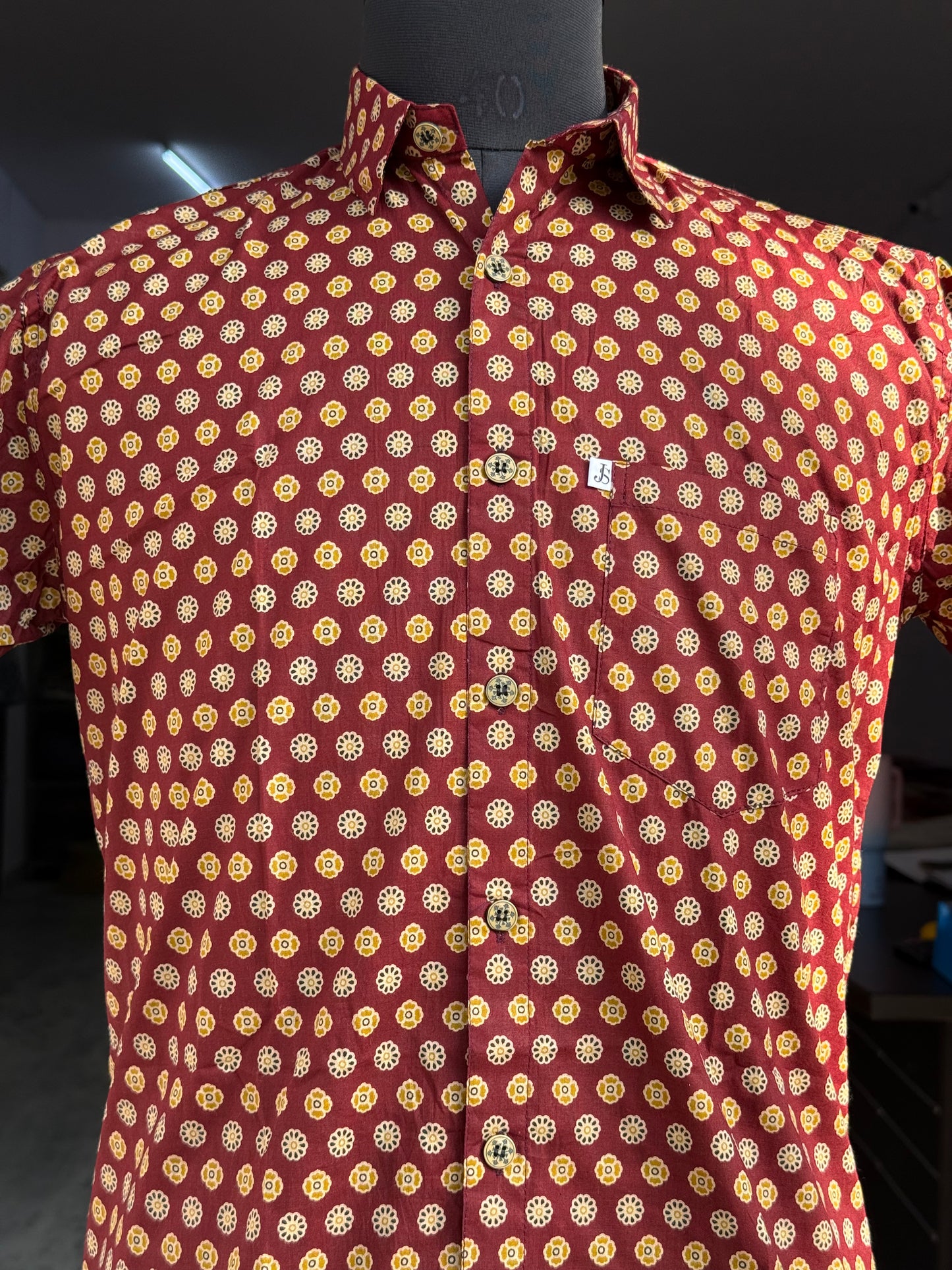 Maroon Mustard Booti Printed Plus Size Half Sleeves Cotton Shirt