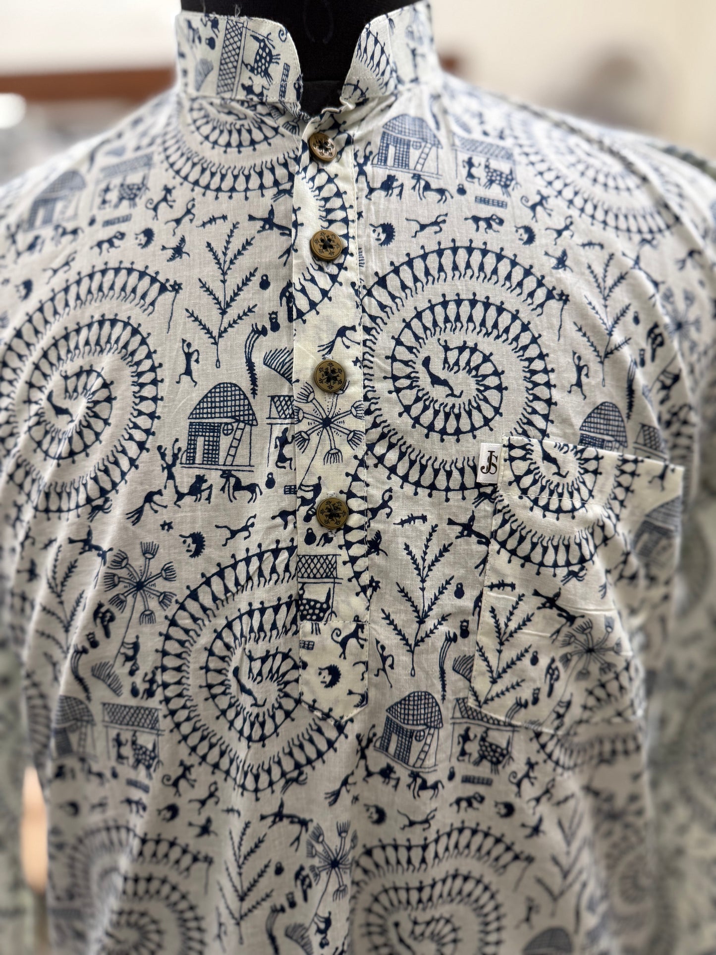White Blue Tribal Printed Full Sleeves Short Kurta for Men