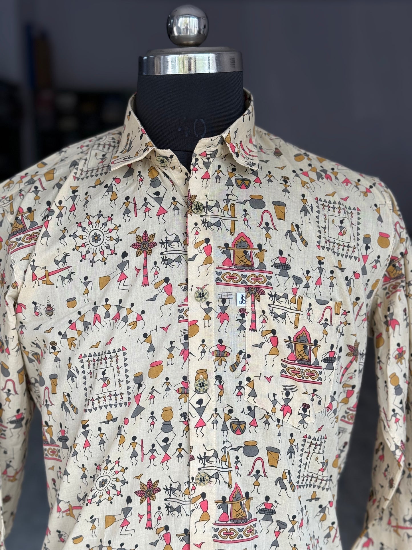 Beige Rajasthani Folk Art Printed Full Sleeves Cotton Shirt