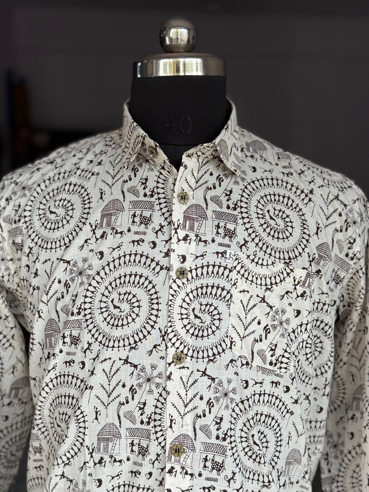 Ivory Warli Spiral Printed Full Sleeves Cotton Shirt for Men