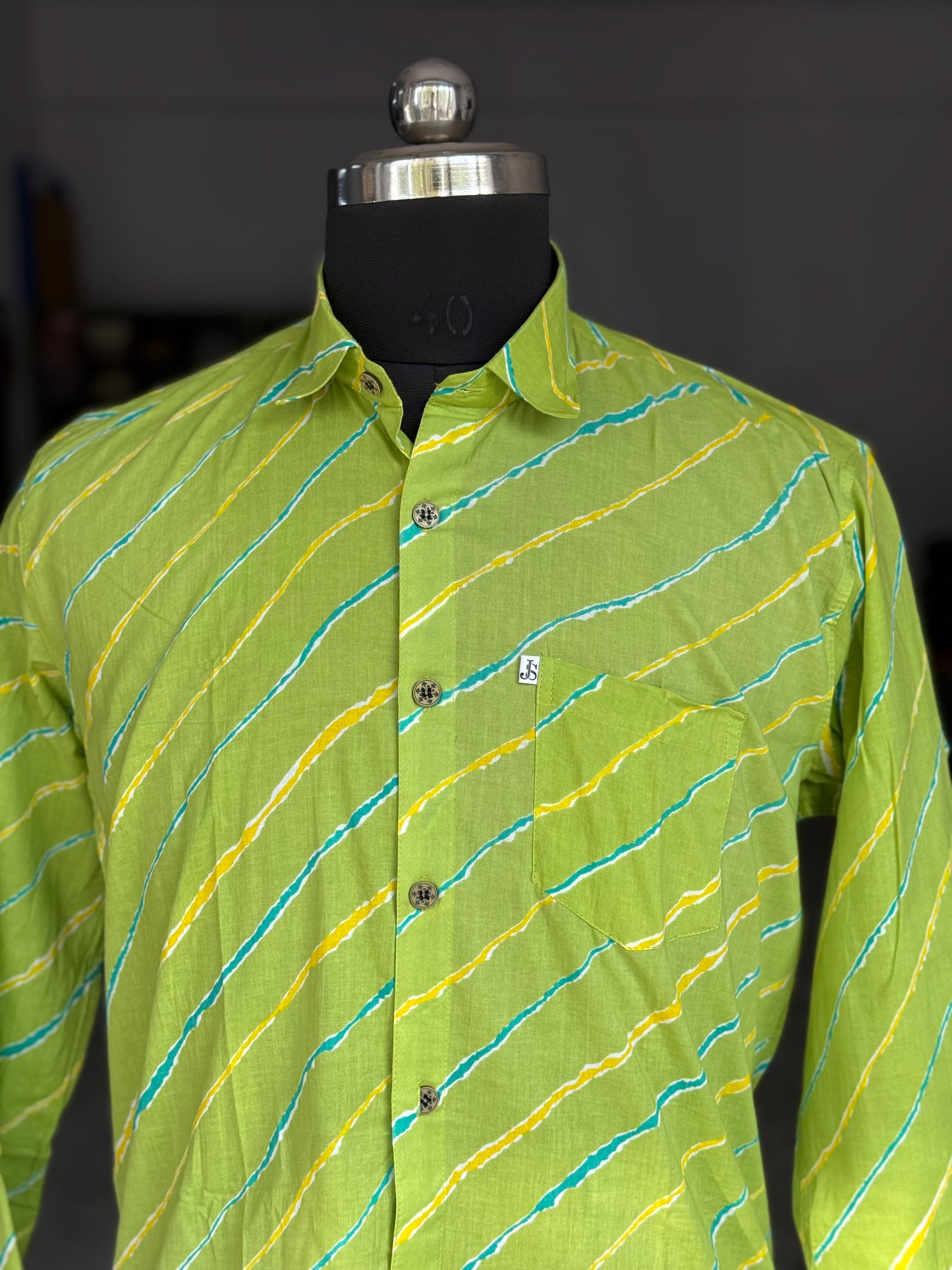 Lime Green Leheriya Striped Full Sleeves Cotton Shirt for Men