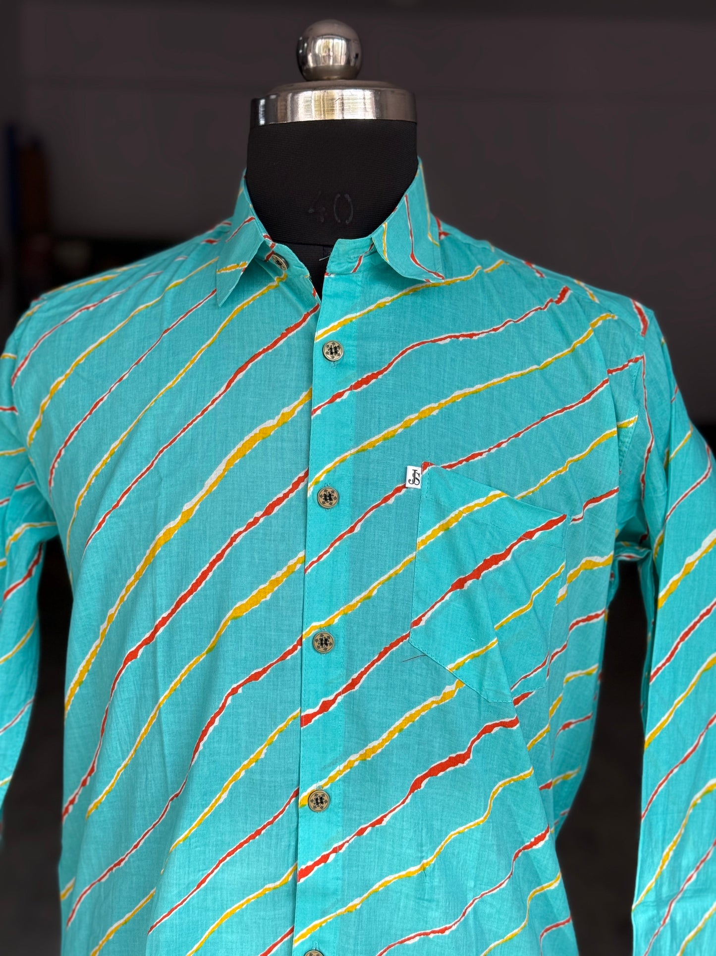Sky Blue Leheriya Striped Full Sleeves Cotton Shirt for Men