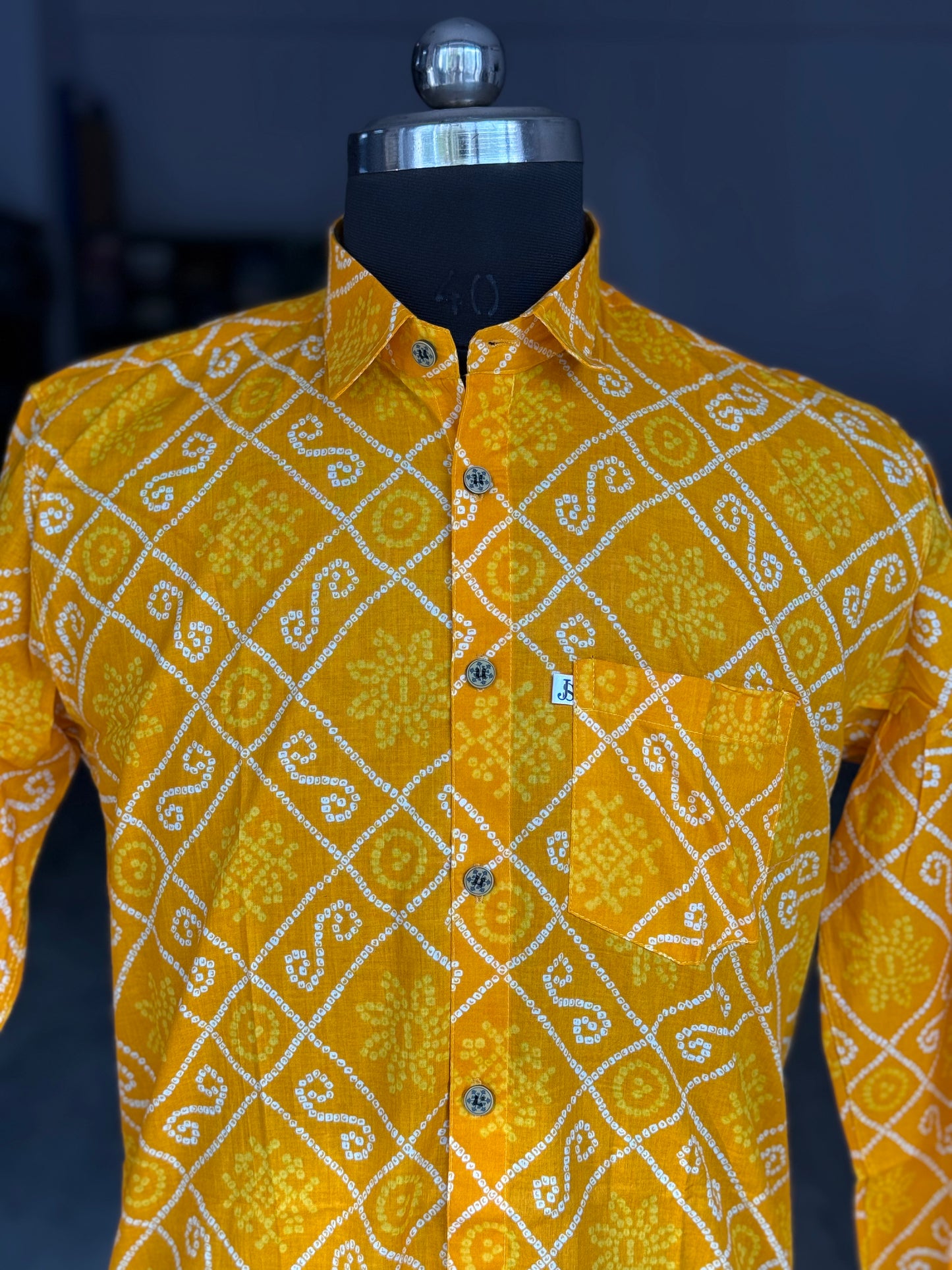 New Yellow Bandhani Printed Full Sleeves Cotton Shirt for Men