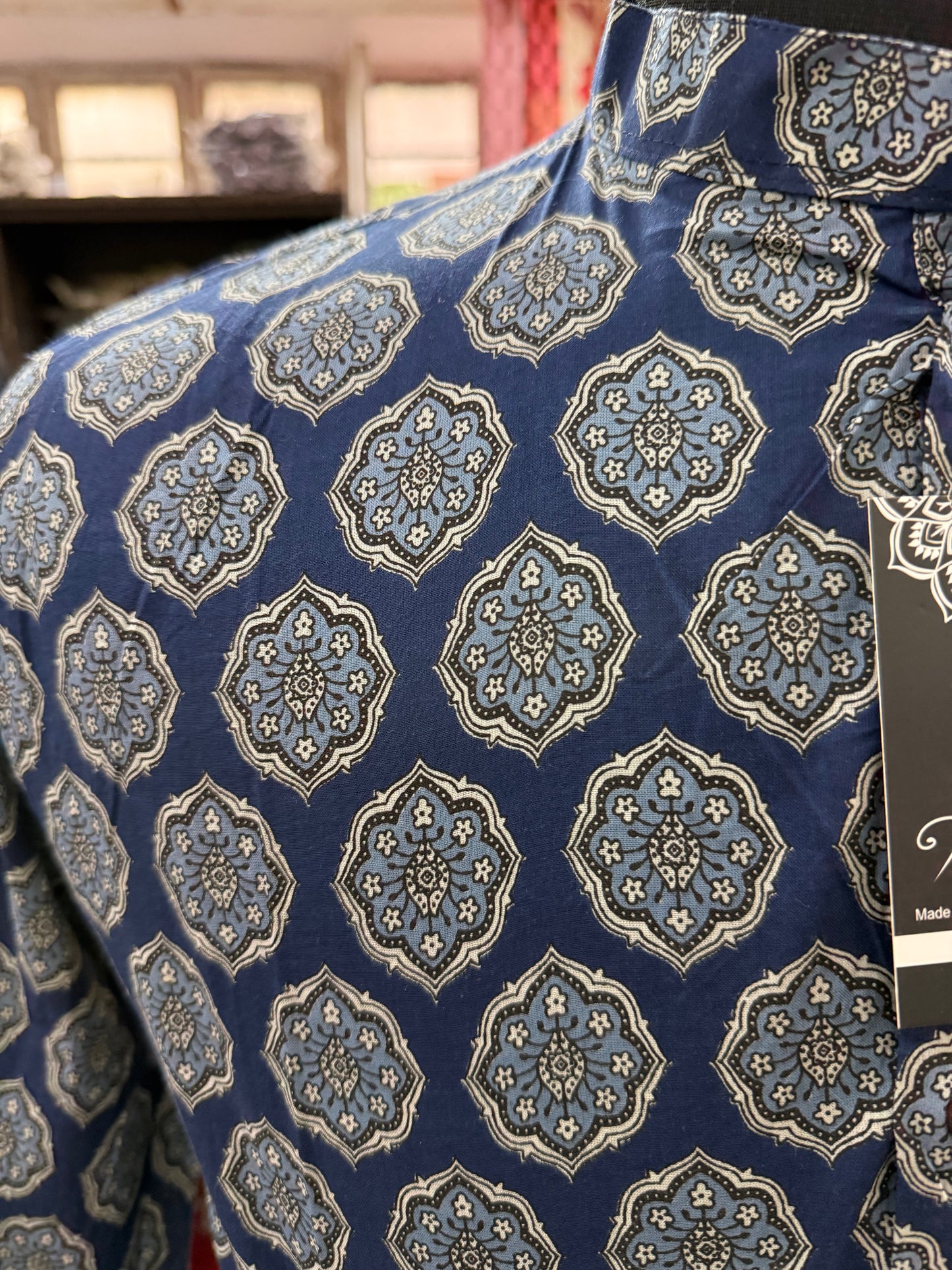 Indigo Mughal Block Printed Full Sleeves Short Kurta for Men