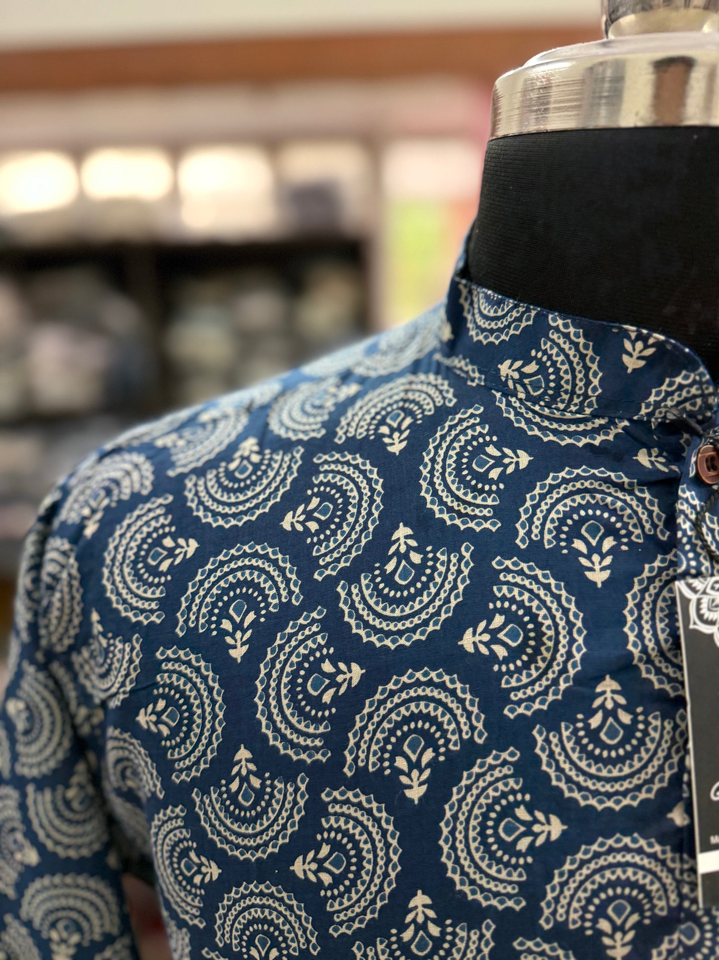 Indigo Doriya Flower Print Full Sleeves Short Kurta for Men