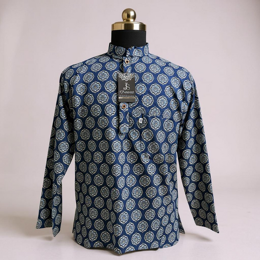 Indigo Mughal Block Printed Full Sleeves Short Kurta for Men