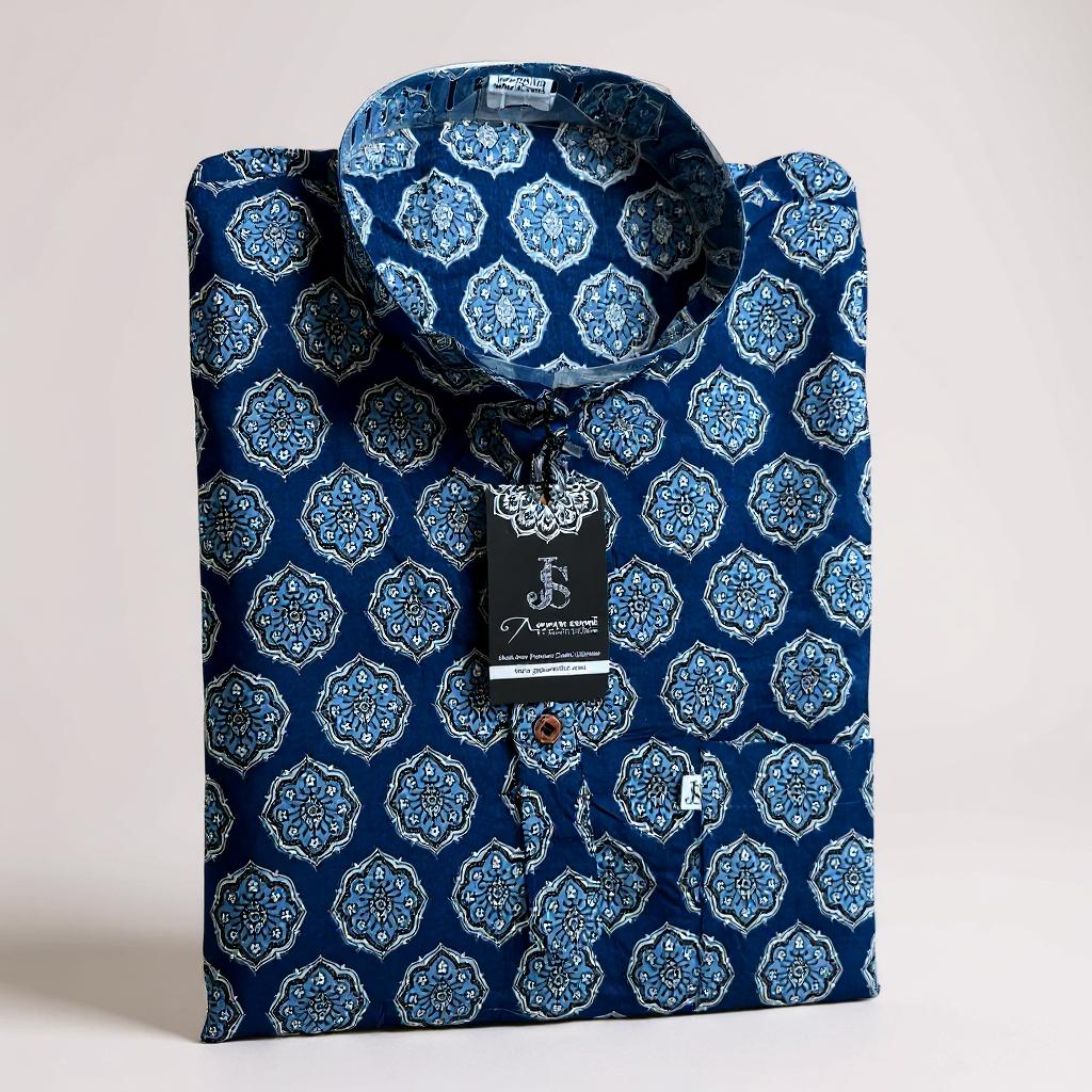 Indigo Mughal Block Printed Full Sleeves Short Kurta for Men