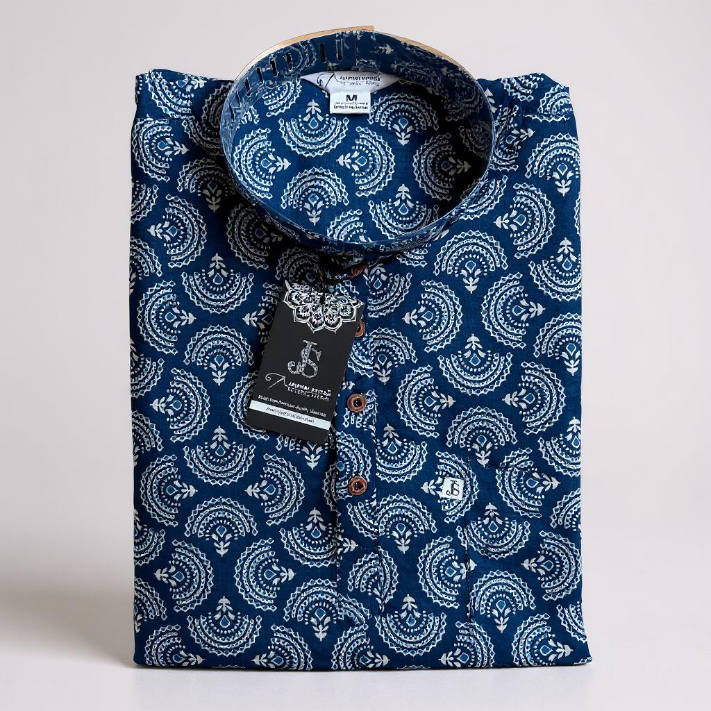 Indigo Doriya Flower Print Full Sleeves Short Kurta for Men