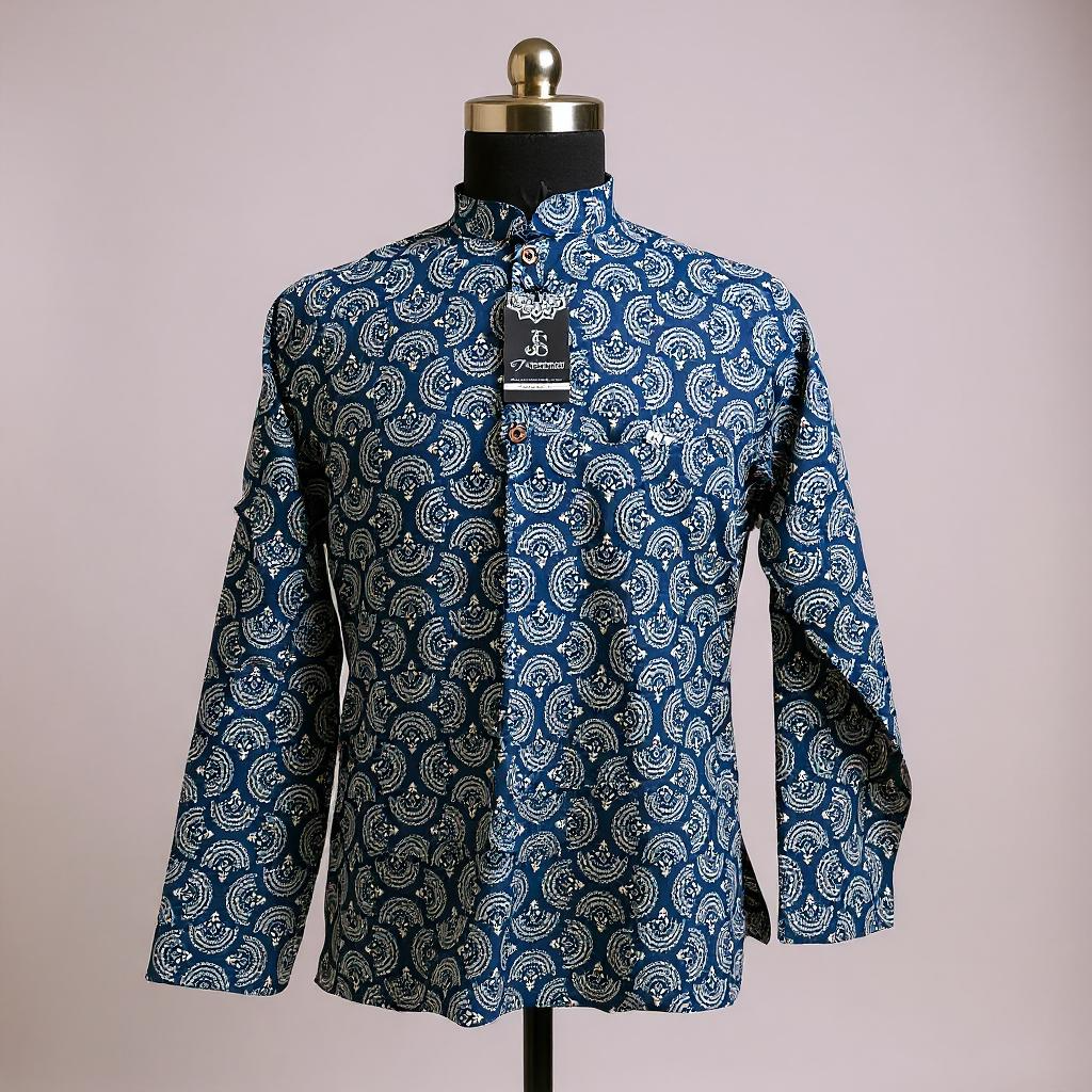 Indigo Doriya Flower Print Full Sleeves Short Kurta for Men