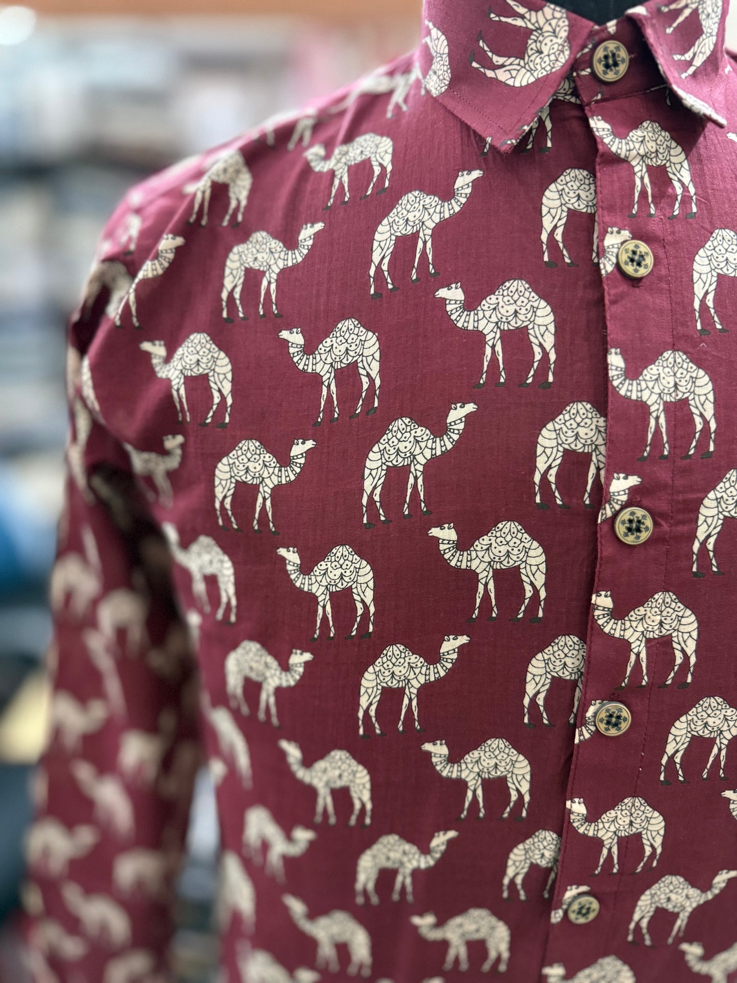Maroon Camel Caravan Printed Full Sleeves Cotton Shirt for Men