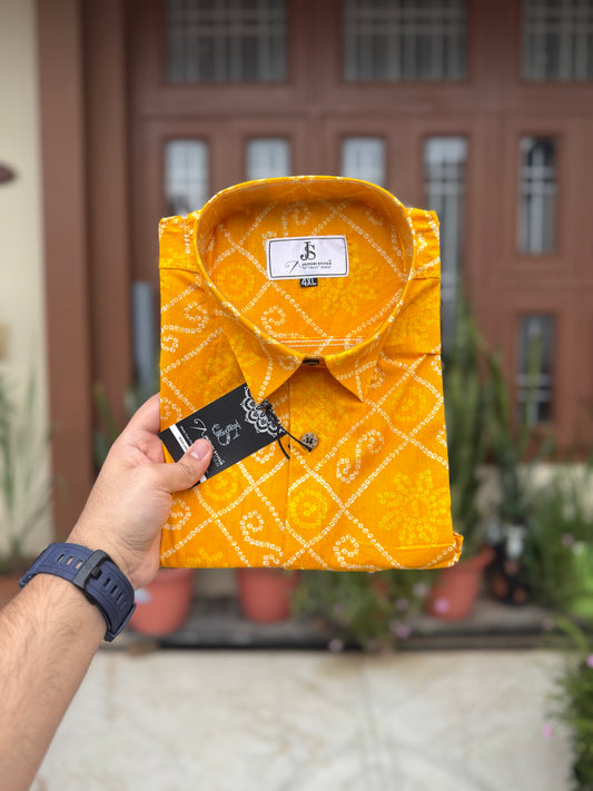 New Yellow Bandhani/Bandhej  Printed Mens Half Sleeves Cotton Shirt