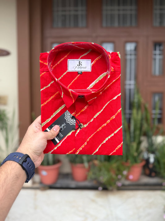 Red Lehariya Printed Mens Half Sleeves Cotton Shirt