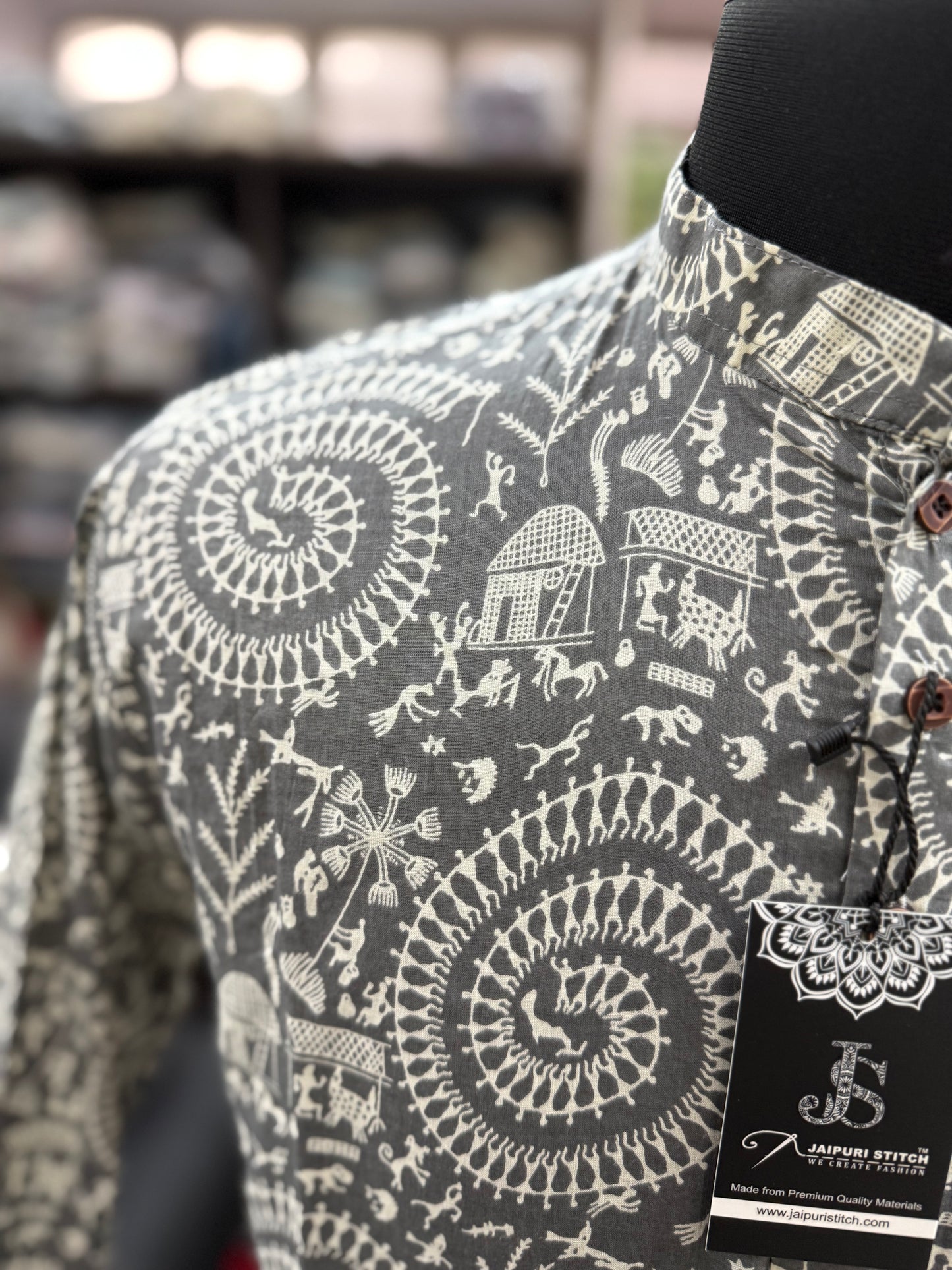 New Grey Warli Print Full Sleeves Short Kurta for Men