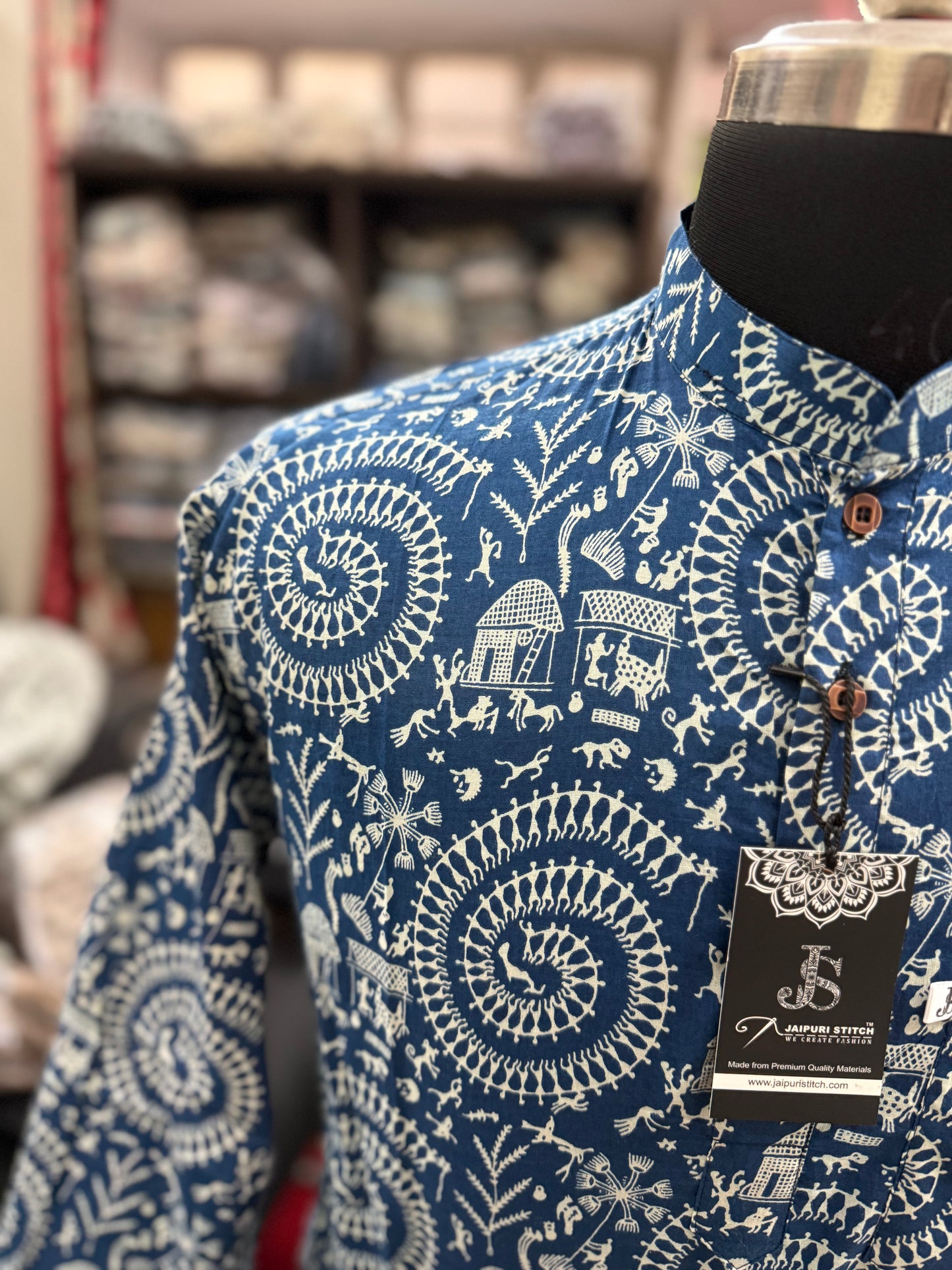 Navy Blue Warli Print Full Sleeves Short Kurta for Men