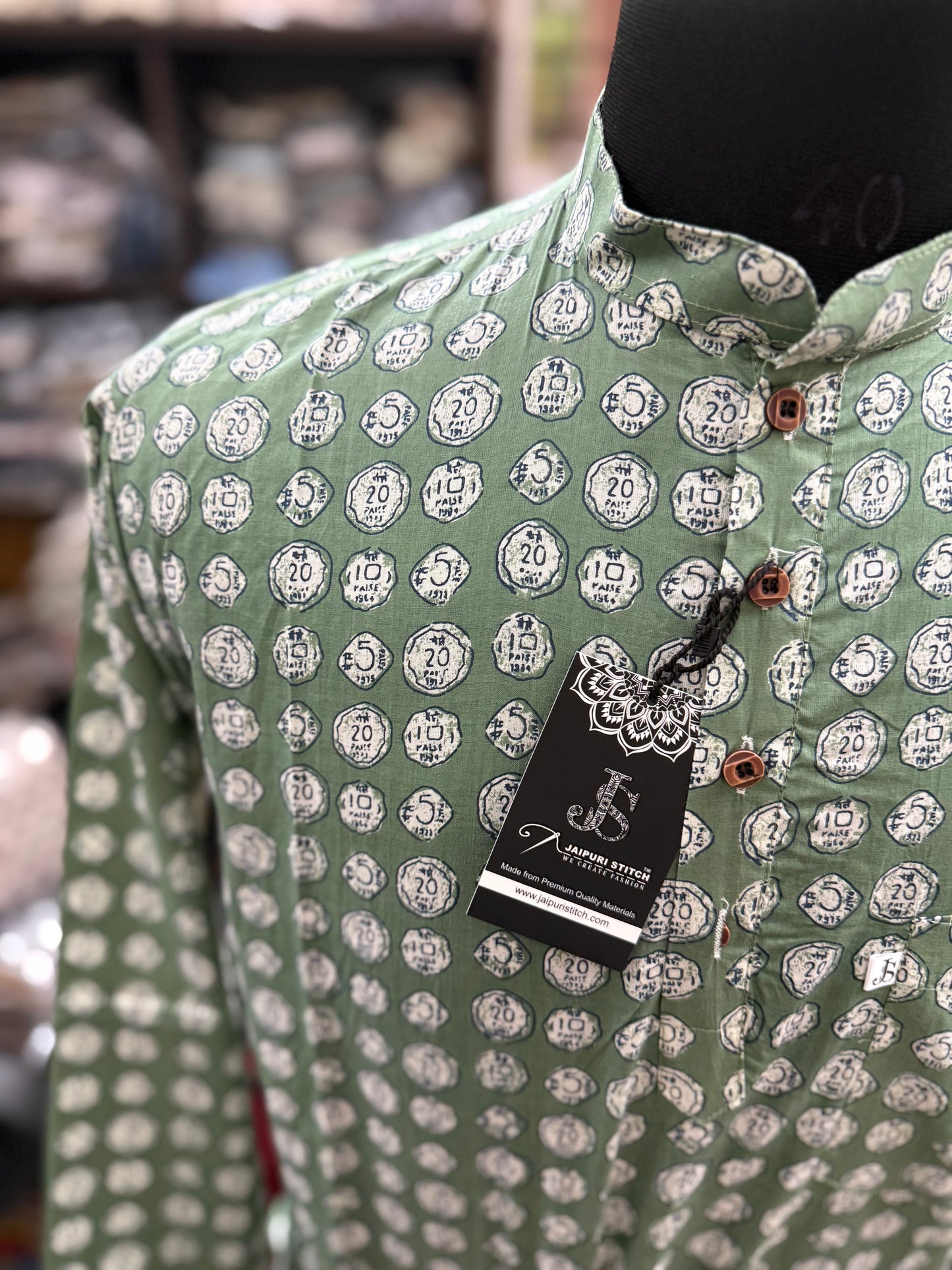 Green Coin Print Full Sleeves Short Kurta for Men