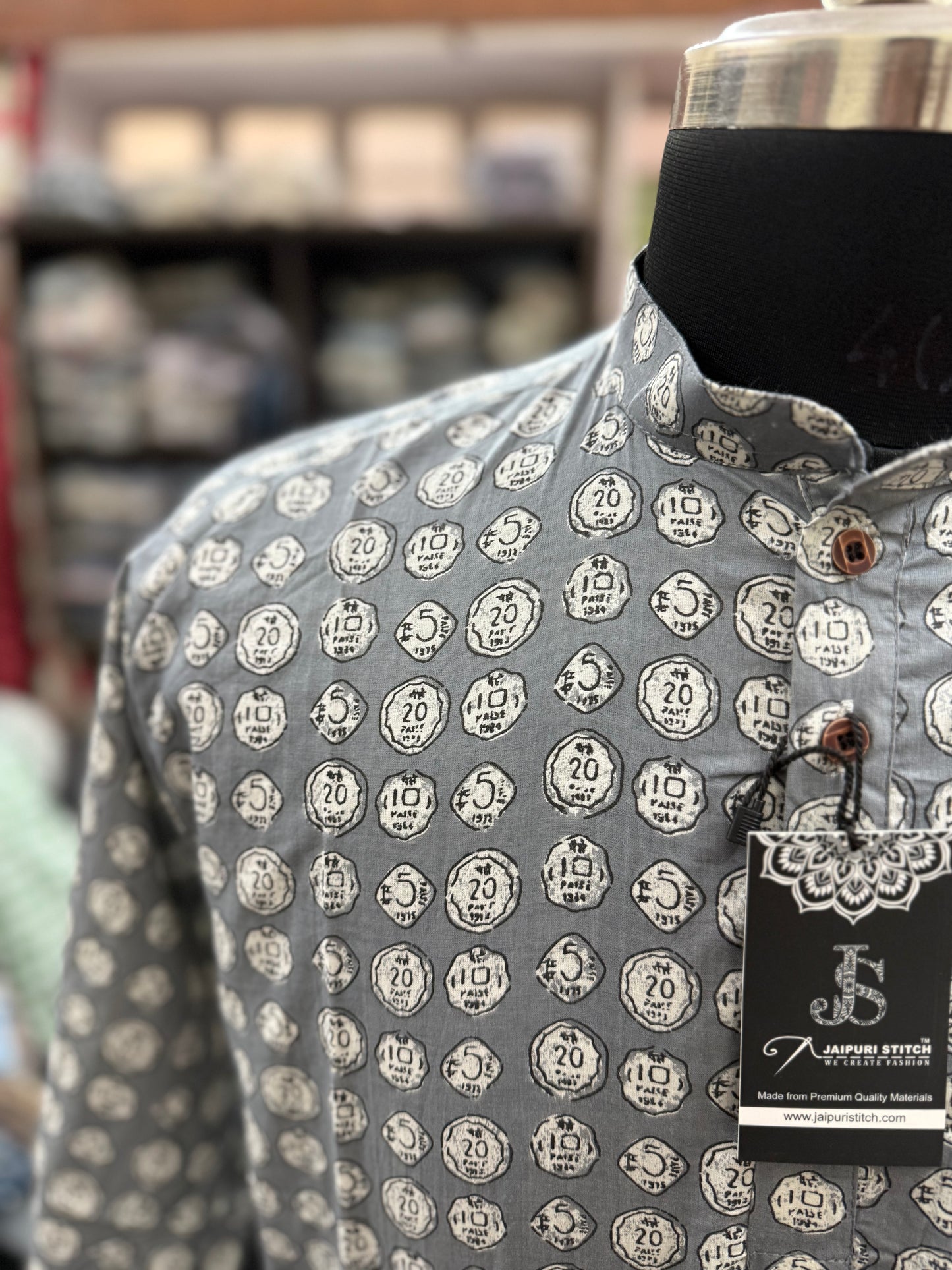 Grey Coin Print Full Sleeves Short Kurta for Men
