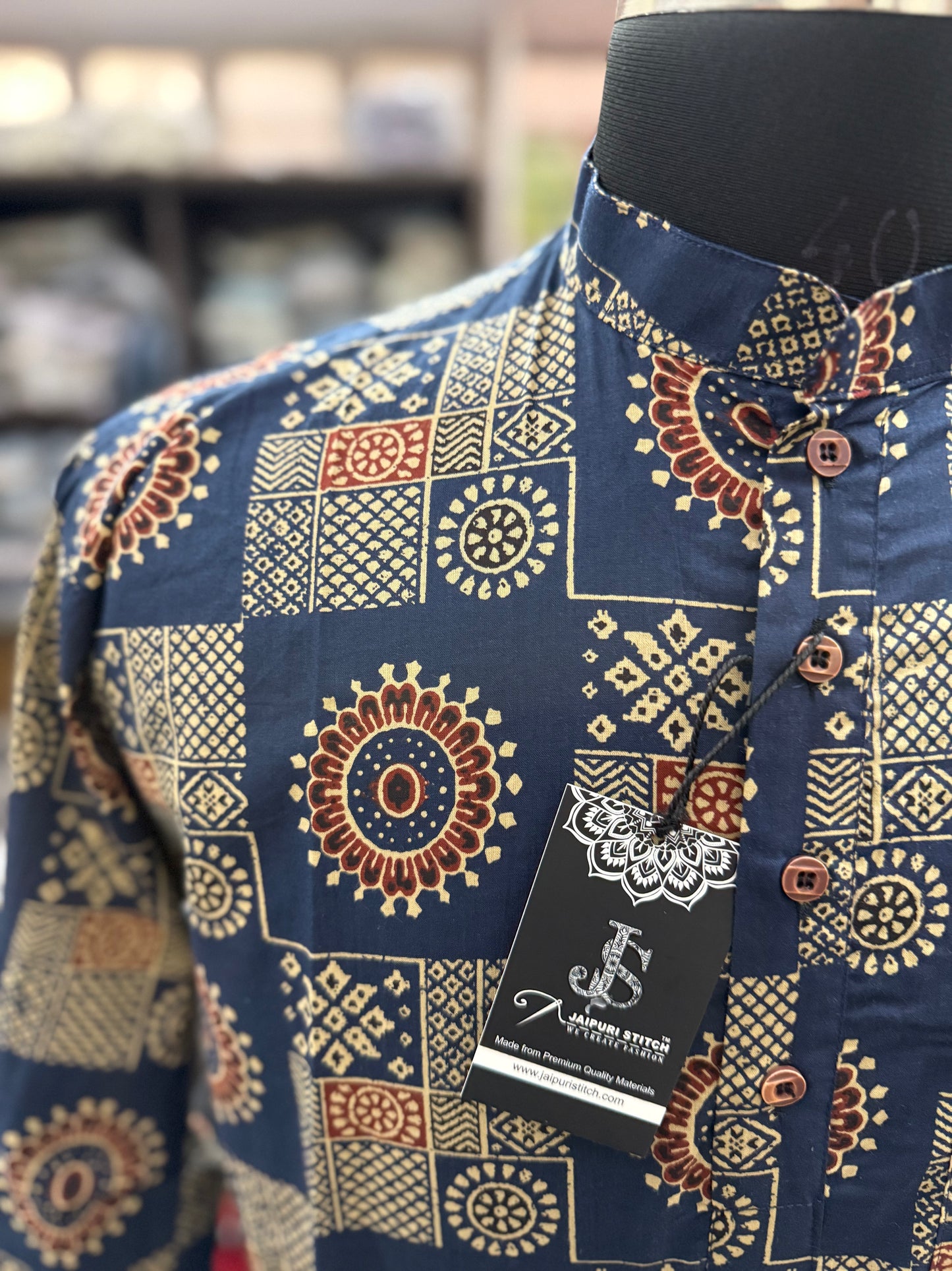 Blue Square Blocks Printed Full Sleeves Short Kurta for Men