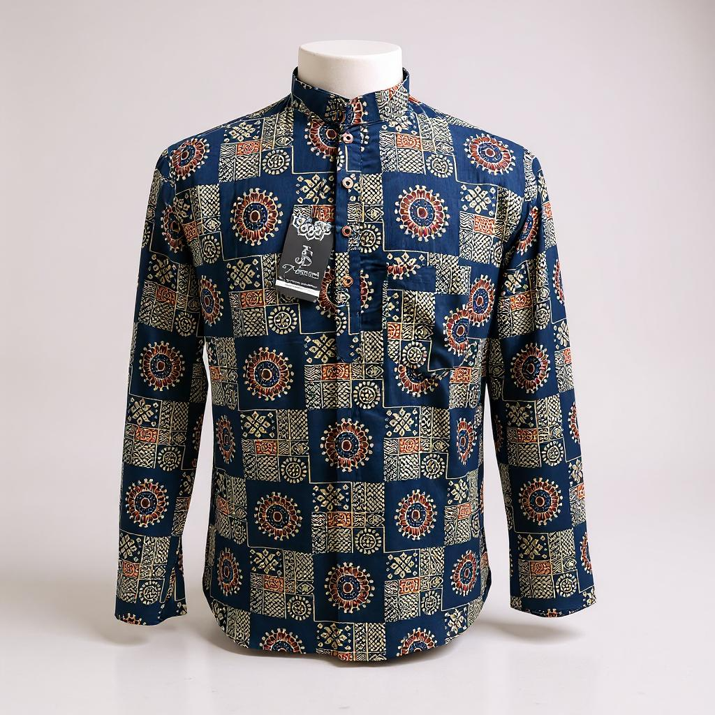 Blue Square Blocks Printed Full Sleeves Short Kurta for Men