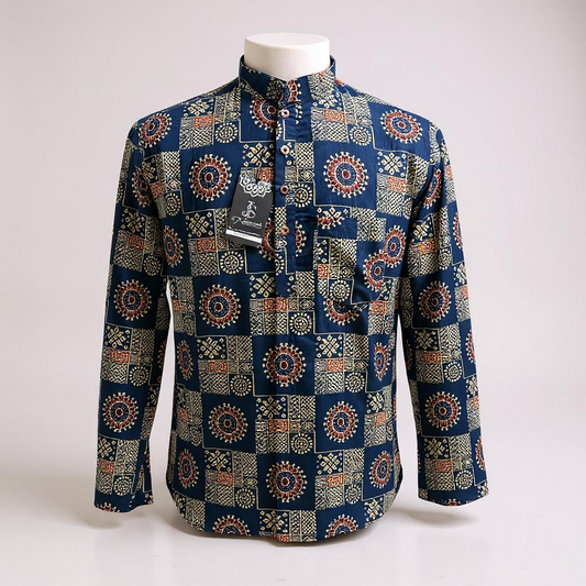 Blue Square Blocks Printed Full Sleeves Short Kurta for Men