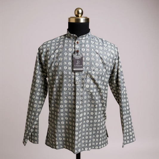 Grey Coin Print Full Sleeves Short Kurta for Men
