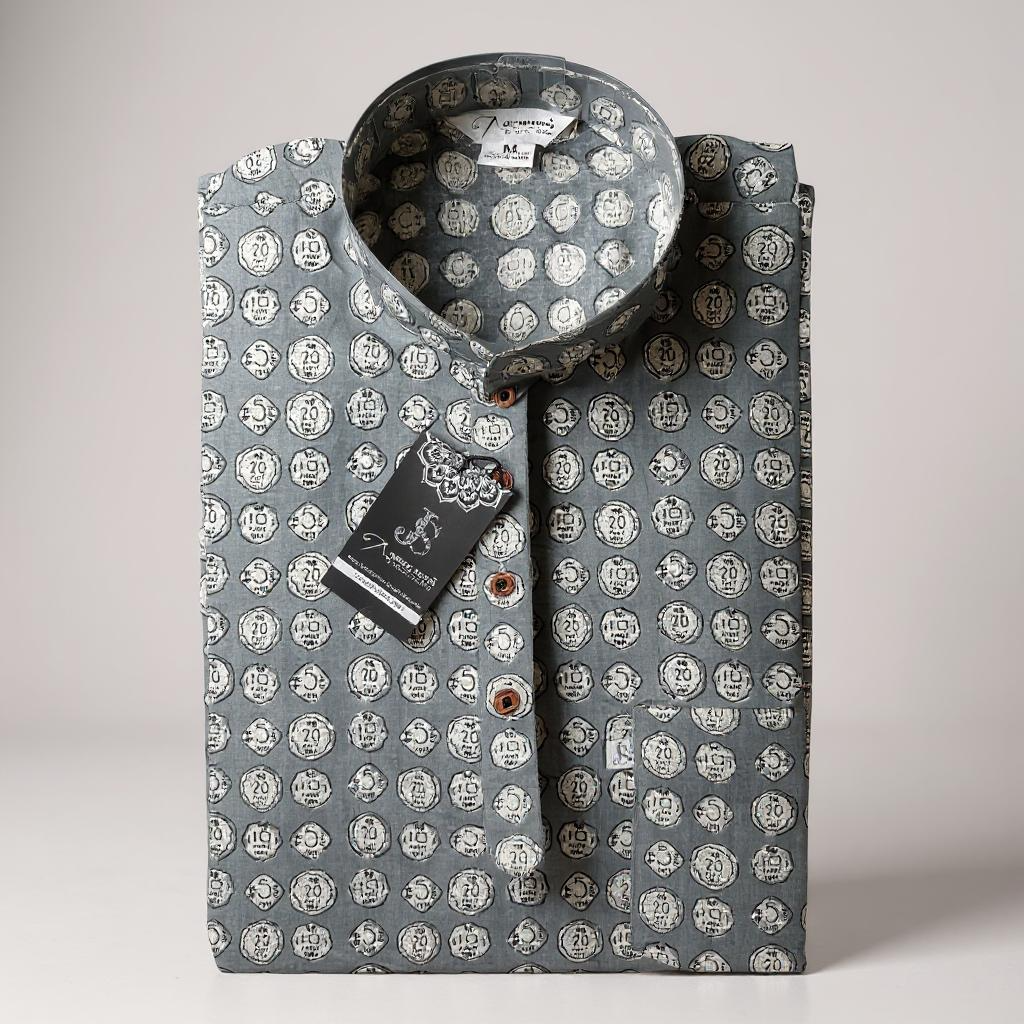 Grey Coin Print Full Sleeves Short Kurta for Men