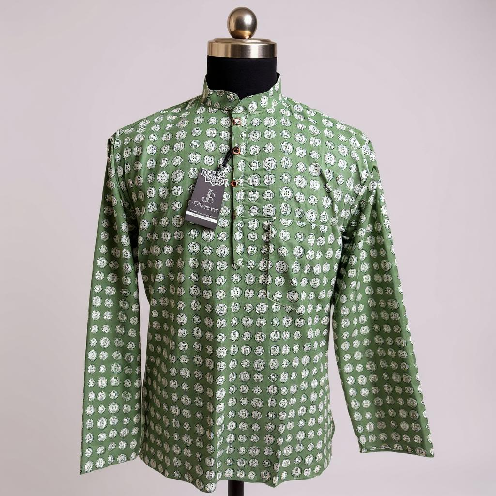 Green Coin Print Full Sleeves Short Kurta for Men