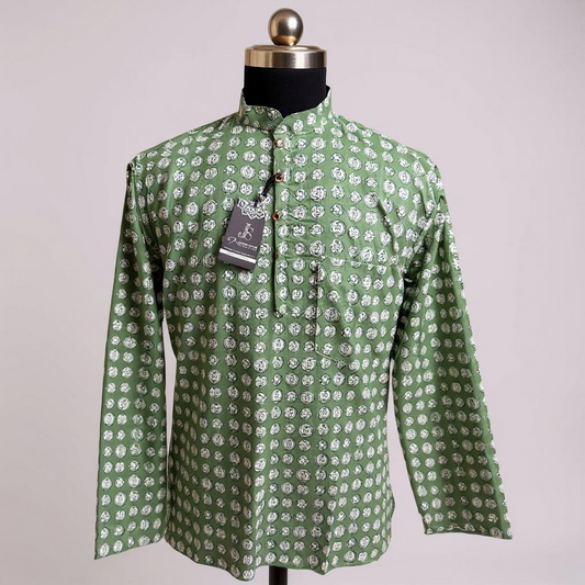 Green Coin Print Full Sleeves Short Kurta for Men