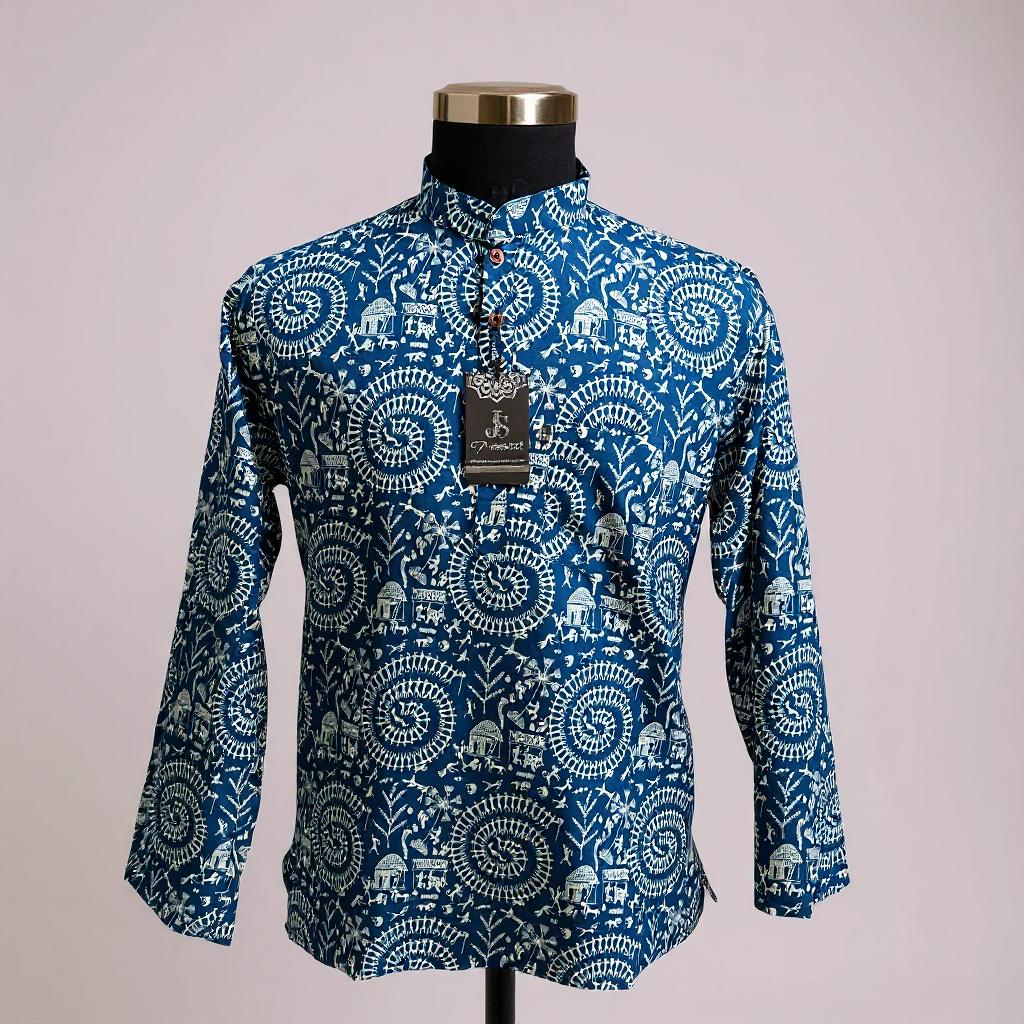 Navy Blue Warli Print Full Sleeves Short Kurta for Men