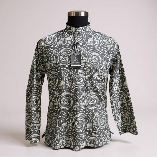 New Grey Warli Print Full Sleeves Short Kurta for Men