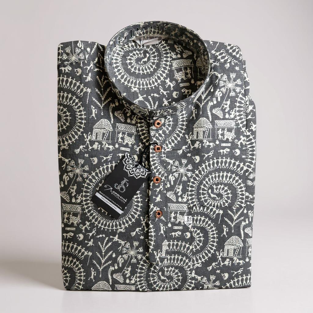 New Grey Warli Print Full Sleeves Short Kurta for Men